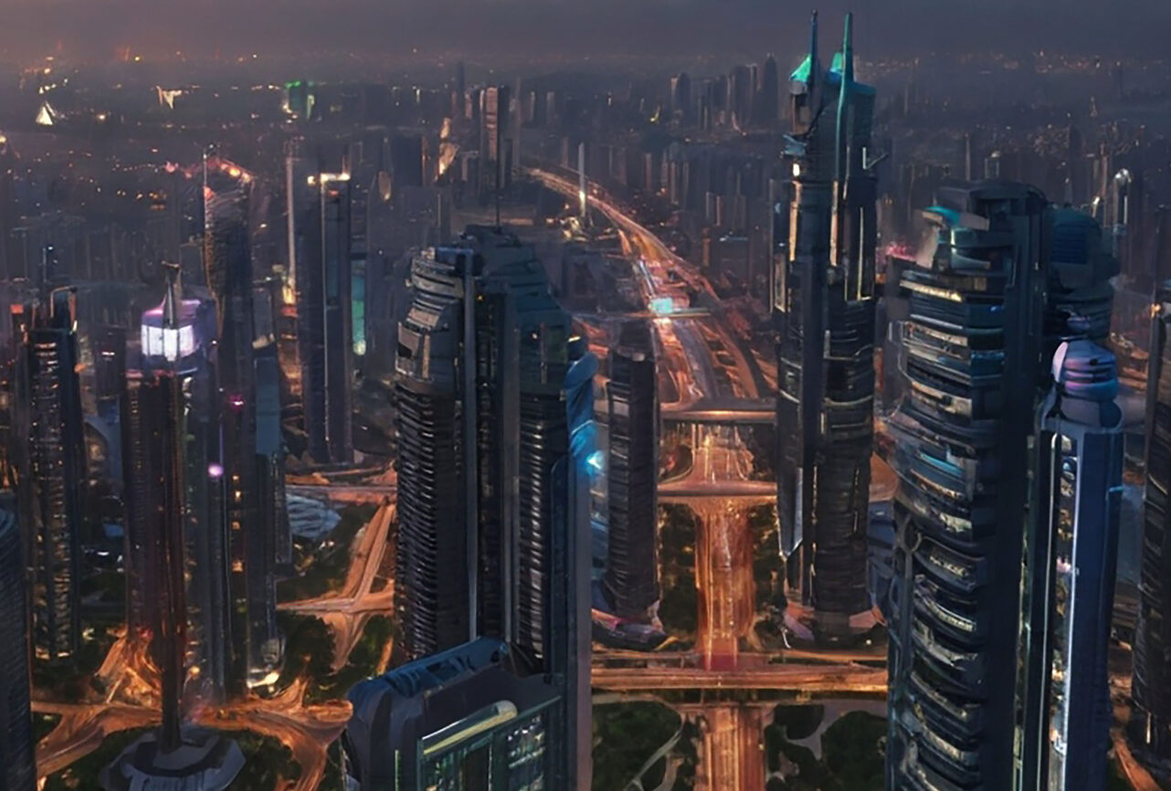 A dense city skyline lit at dusk, seen from above.