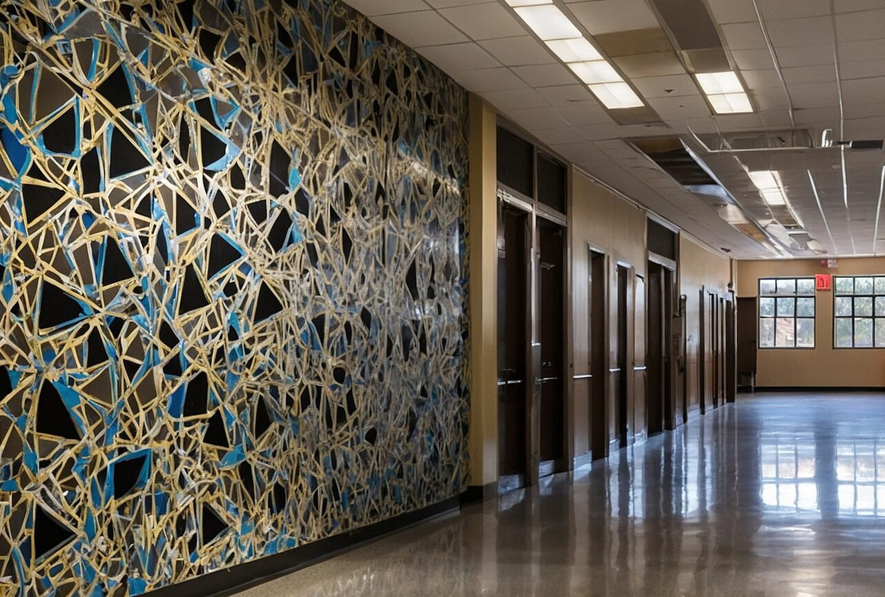 A corridor lined with a patterned mashrabiya screen.