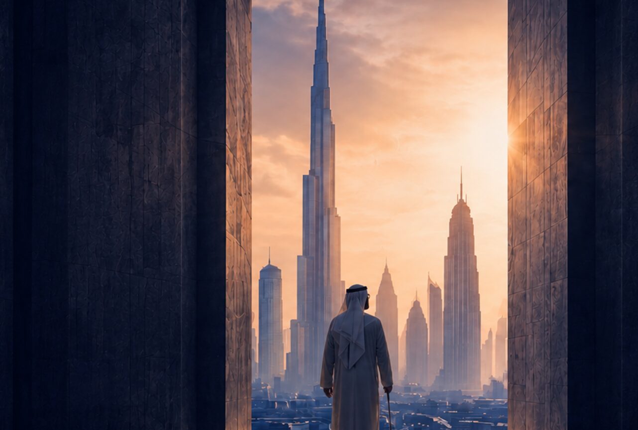 A figure in traditional dress looking out towards the Dubai skyline.